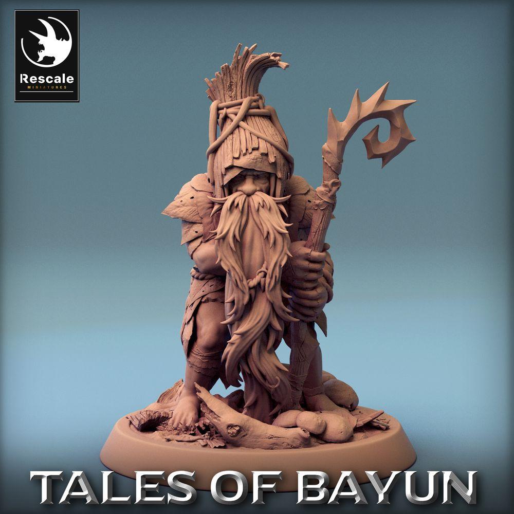 Productfoto Tabletop 28mm Lord of the Print (LotP) 0: Fantasy figuur: Bos sjamaan druïde met doornenstaf - Stamoudste, Runepriester, Forest Shaman Druid (24_01_A6)