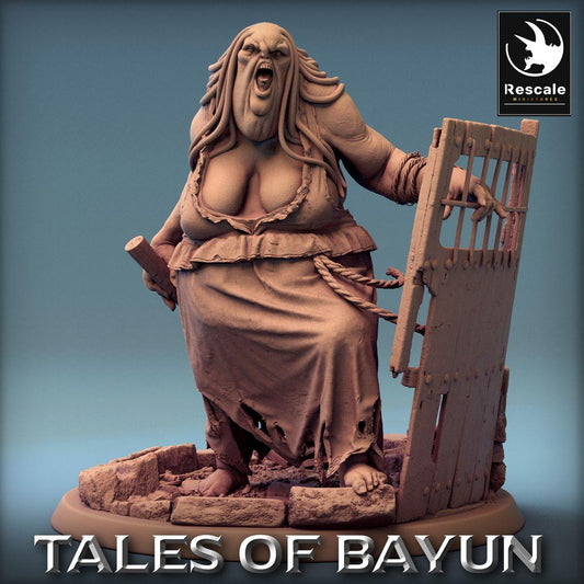 Produktfoto Tabletop 28mm Lord of the Print (LotP) 0: Tabletop Miniatur: Kikimora Oger-Matrone, Kerkerwärterin mit Gittertür-Schild und Knüppel, Trollhexe, Torwächterin/Gatekeeper, Dungeon Boss (24_01_D1)