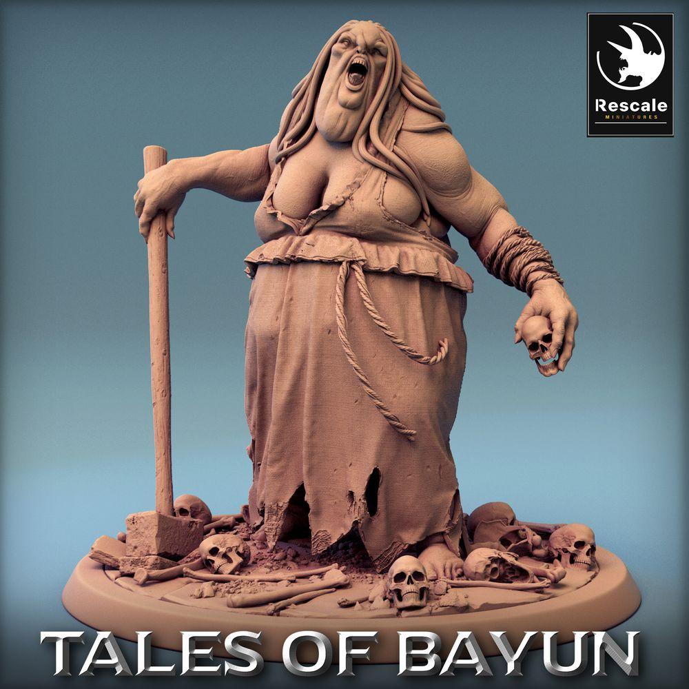 Productfoto Tabletop 28mm Lord of the Print (LotP) 0: Fantasy Figur: Kikimora Hexenmatriarchin, Sumpfhexe, Nekromantin en Sjamaan met Staf en schedel (24_01_D3)