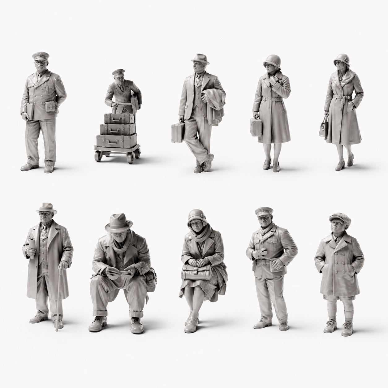 Historische stations- en spoorwegfiguren - 10 onbeschilderde harsfiguren in open overzicht