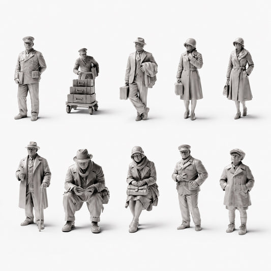Historische stations- en spoorwegfiguren - 10 onbeschilderde harsfiguren in open overzicht