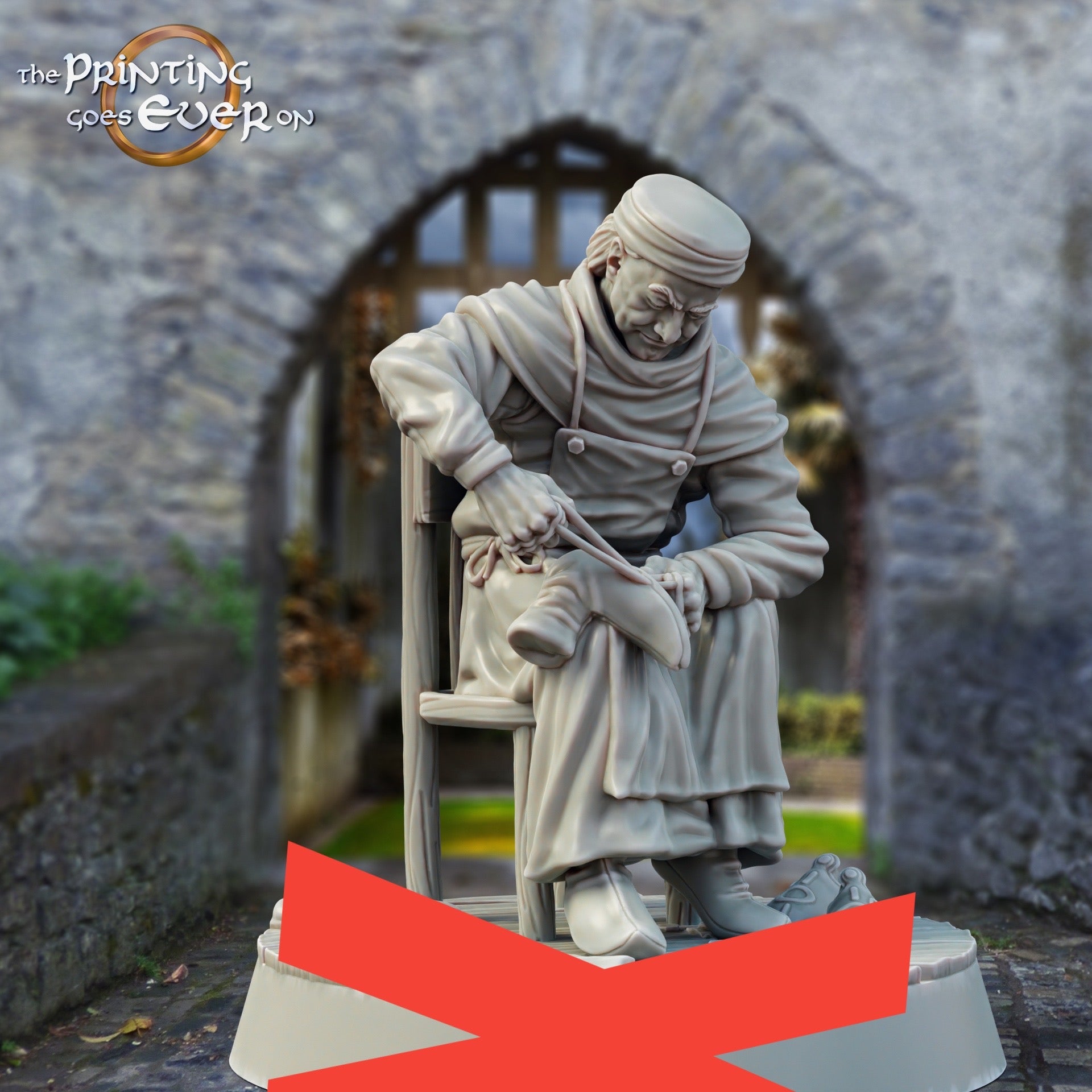 Productfoto middeleeuwse historische figuur 75mm schaal The Printing Goes Ever On (TPGEO) 0: Middeleeuwse ridderfiguren dorpsbewoners schoenmaker met stoel - 75mm modellen - Middeleeuwse stad