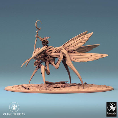 Productfoto Tabletop 28mm Lord of the Print (LotP) 0: Tabletop Miniatuur: Insectenrijder op Vleugelmantis, Zwermheks/Pestsjamaan met Staf, Mantide Cavalerie Baasmonster (24_07_D1)