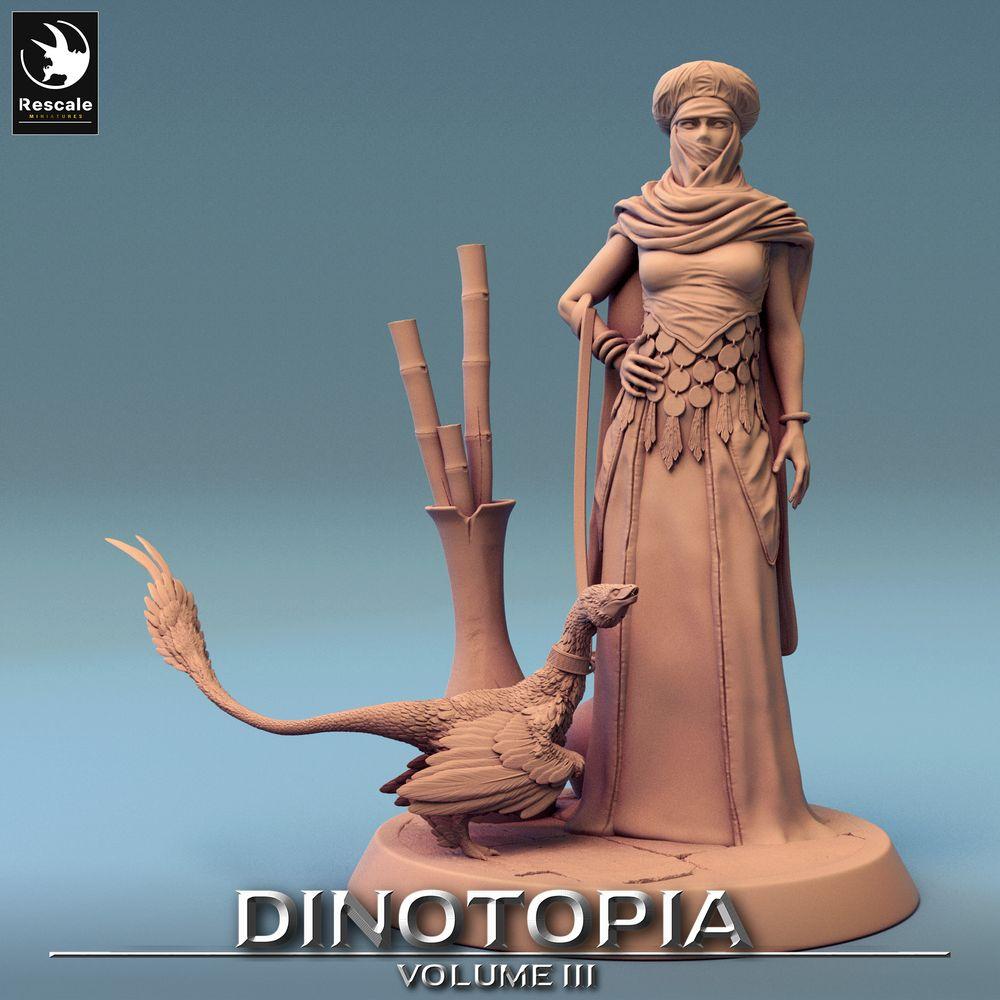 Productfoto Tabletop 28mm Lord of the Print (LotP) 0: Fantasy Figuur: Woestijn-Nomade en Beestenmeester met Gevederde Dinosaurus - Ranger, Stammesleider, Verkenner (24_06_E13)