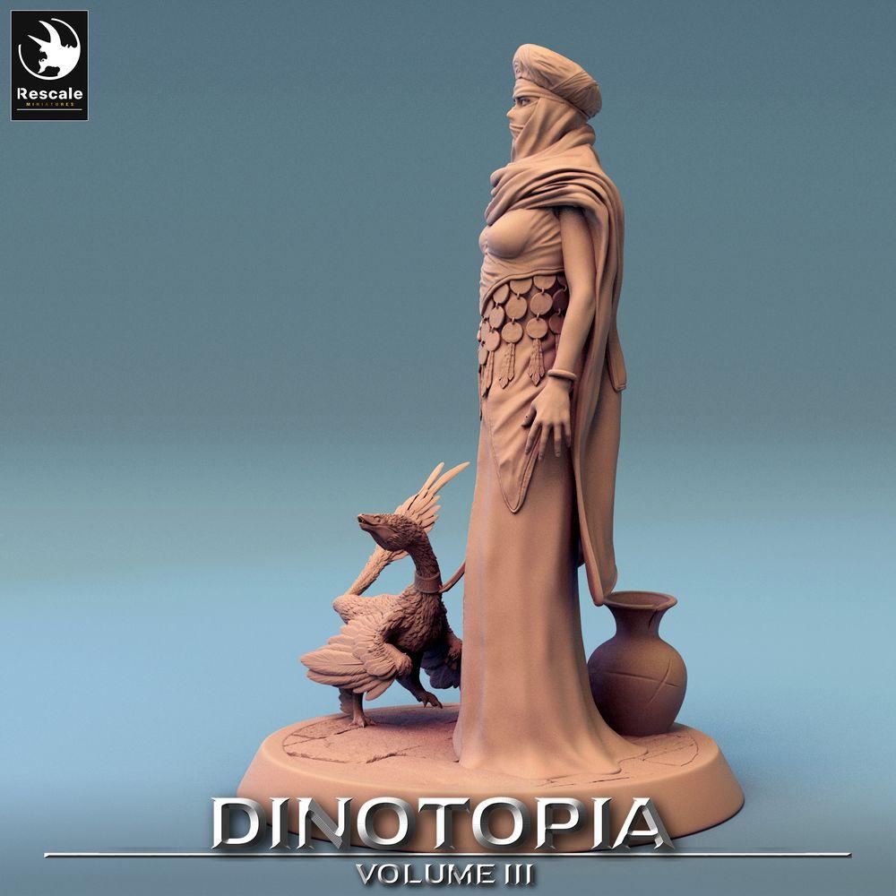 Productfoto Tabletop 28mm Lord of the Print (LotP) 0: Fantasy figuur: Woestijnnomade en Beestenmeester met gevederde dinosaurus - Ranger, Stammesleider, Verkenner (24_06_E13)