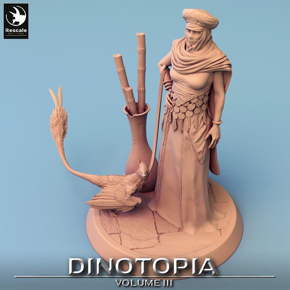 Productfoto Tabletop 28mm Lord of the Print (LotP) 0: Fantasy figuur: Woestijnnomade en Beestenmeester met gevederde dinosaurus - Ranger, Stammesleider, Verkenner (24_06_E13)