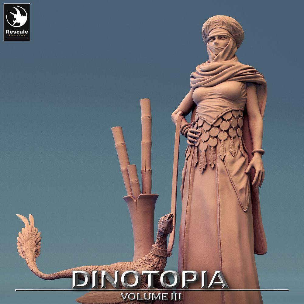 Productfoto Tabletop 28mm Lord of the Print (LotP) 0: Fantasy Figuur: Woestijn-Nomade en Beestenmeesteres met gevederde Sauriër - Ranger, Stammesleider, Verkenner (24_06_E13)