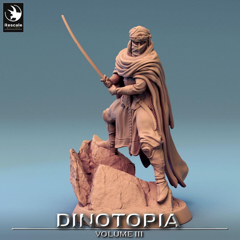Productfoto Tabletop 28mm Lord of the Print (LotP) 0: Fantasy Figuur: Woestijnkrijger, Nomaden-zwaardvechter met kromzwaard in hinderlaag, sluipmoordenaar