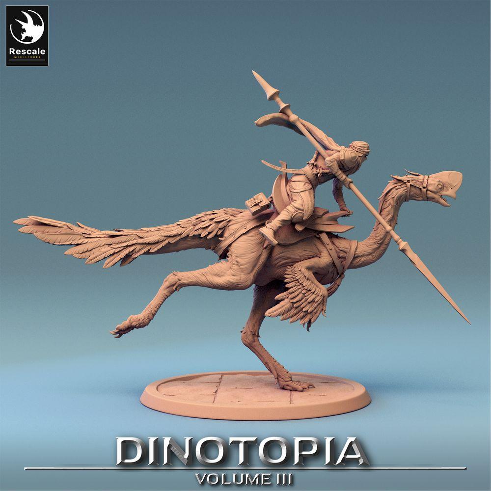 Productfoto Tabletop 28mm Lord of the Print (LotP) 0: Tabletop Miniatuur: Oviraptor Raptor‑rijder met lans, Saurierreiter Skirmisher, lichte nomadenkavallerie (24_06_D4)