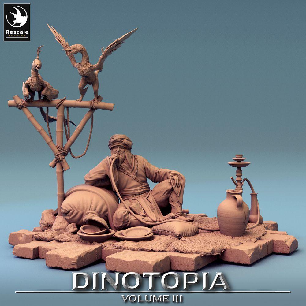 Productfoto Tabletop 28mm Lord of the Print (LotP) 0: Fantasy Figuur: Woestijnhandelaar en Beestenmeester, Nomadenkaravaanleider - rustend met waterpijp en gevederde hagedissen (24_06_E27)