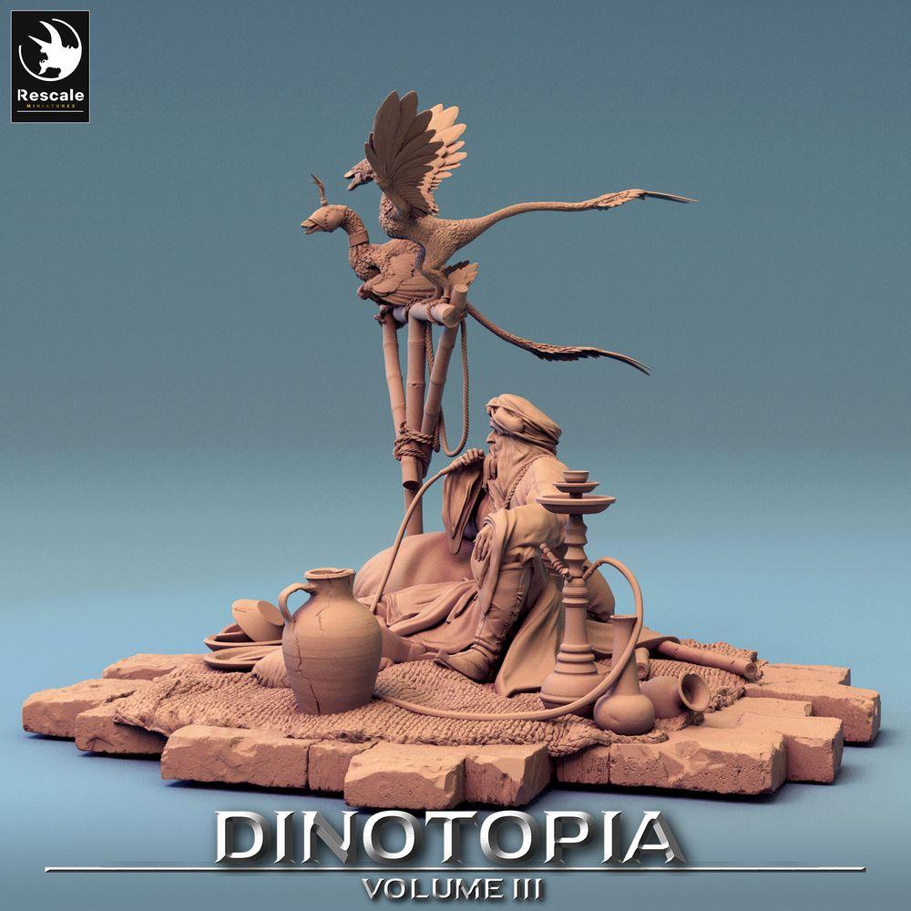 Productfoto Tabletop 28mm Lord of the Print (LotP) 0: Fantasy Figuur: Woestijnhandelaar en Beestenmeester, Nomadenkaravaanleider - rustend met waterpijp en gevederde hagedissen (24_06_E27)