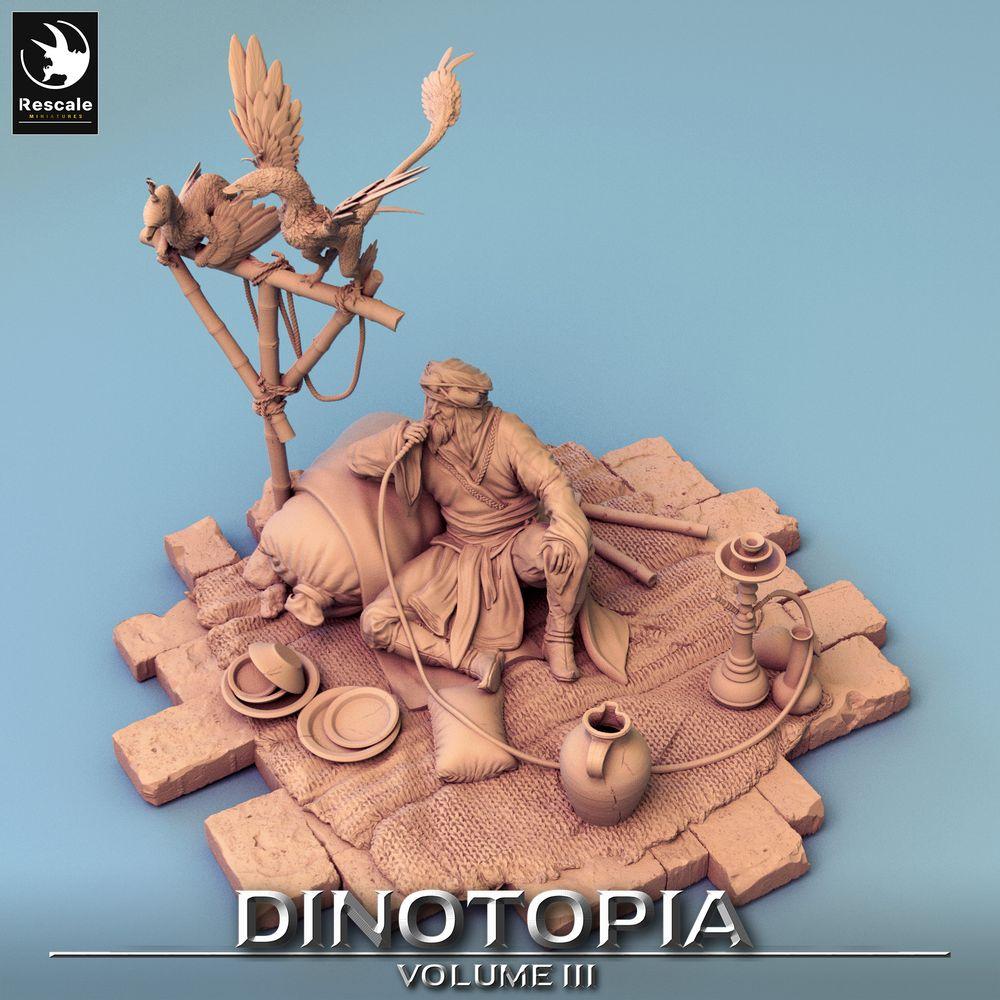 Productfoto Tabletop 28mm Lord of the Print (LotP) 0: Fantasy Figuur: Woestijnhandelaar en Beestenmeester, Nomadenkaravaanleider - rustend met waterpijp en gevederde hagedissen (24_06_E27)
