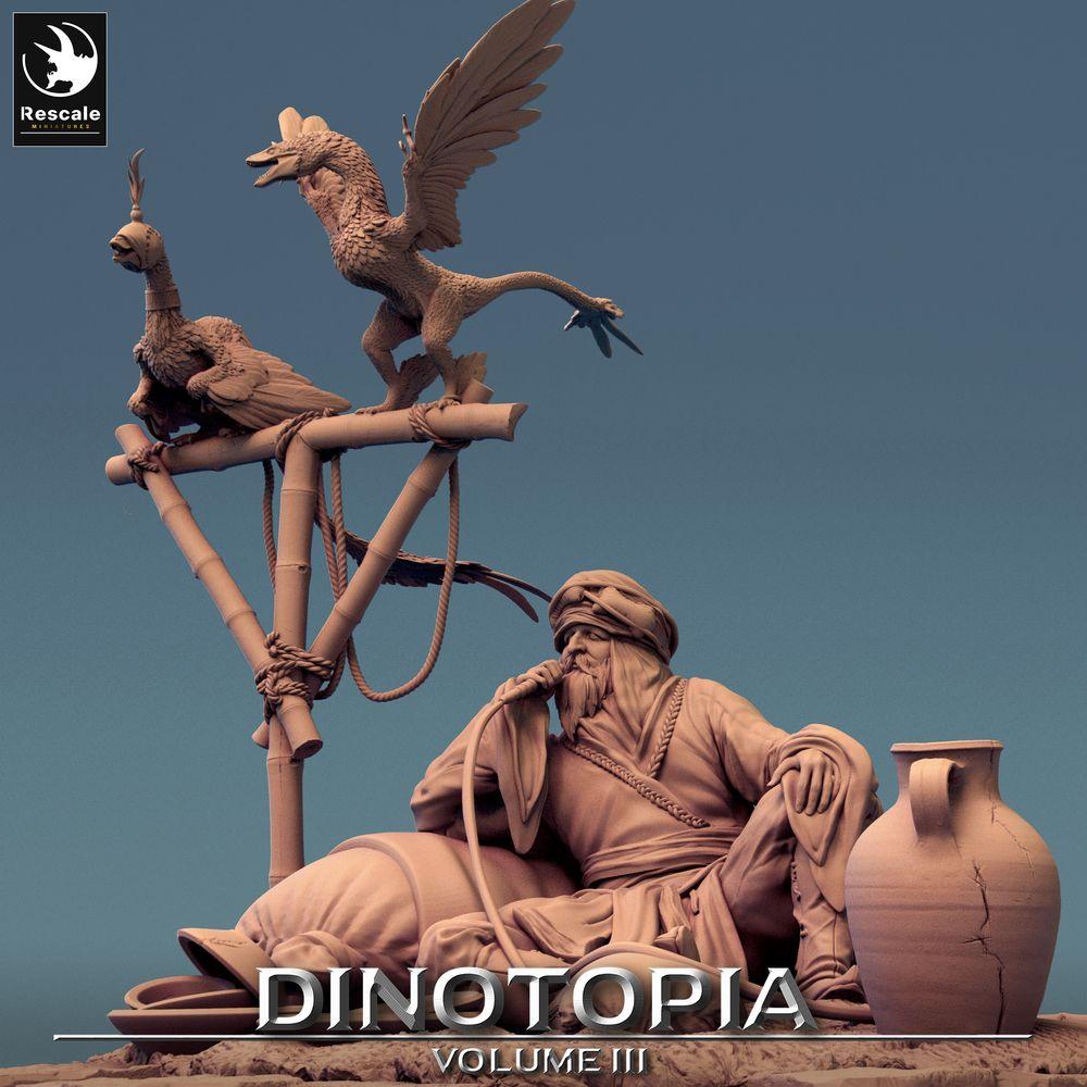 Productfoto Tabletop 28mm Lord of the Print (LotP) 0: Fantasy Figuur: Woestijnhandelaar en Beestenmeester, Nomadenkaravaanleider - rustend met waterpijp en gevederde hagedissen (24_06_E27)