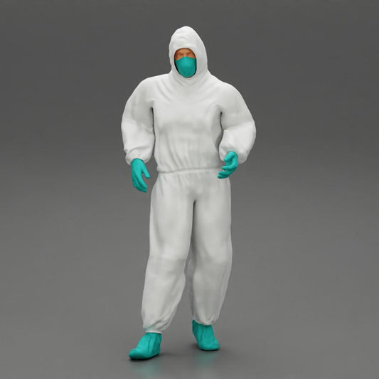 Diorama modelbouw productfoto 0: Diorama-miniatuur: Man in volledig beschermingspak met capuchon, masker & handschoenen (Ref Nr. A50)