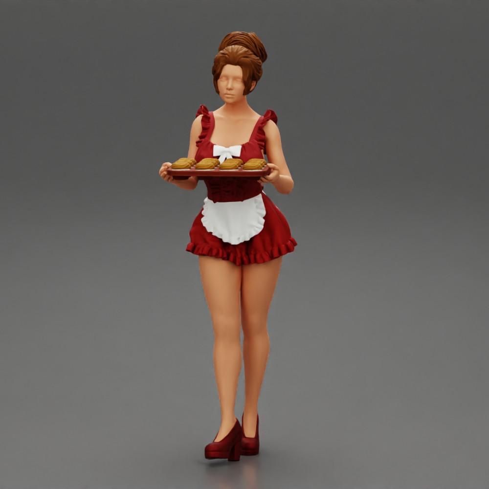 Diorama modelbouw productfoto 5: Diorama-miniatuur: Dienstmeisje met dienblad vol cupcakes, staande figuur (Ref Nr. A48)