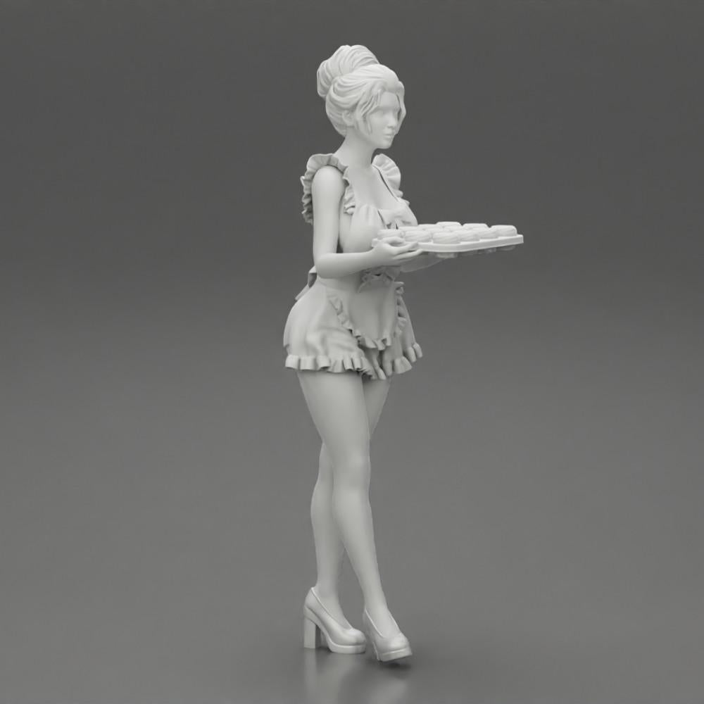 Diorama modelbouw productfoto 6: Diorama-miniatuur: Dienstmeisje met dienblad vol cupcakes, staande figuur (Ref Nr. A48)