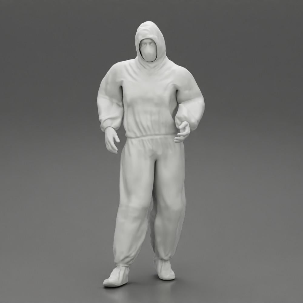 Diorama modelbouw productfoto 6: Diorama-miniatuur: Man in volledig beschermingspak met capuchon, masker en handschoenen (Ref Nr. A50)