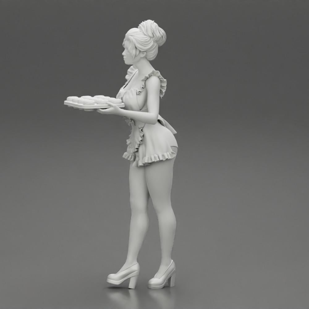 Diorama modelbouw productfoto 10: Diorama-miniatuur: Dienstmeisje met dienblad vol cupcakes, staande figuur (Ref Nr. A48)