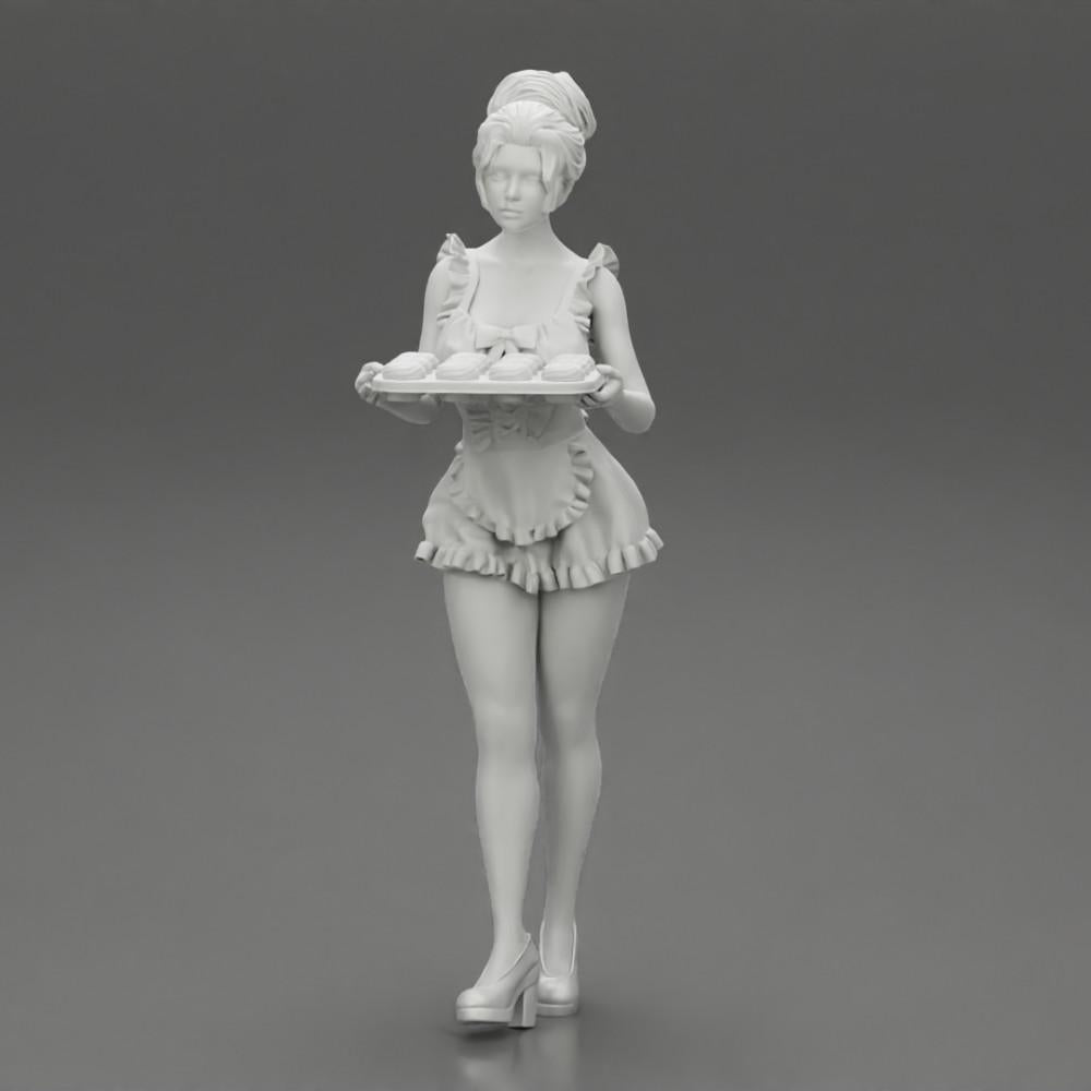 Diorama modelbouw productfoto 11: Diorama-miniatuur: Dienstmeisje met dienblad vol cupcakes, staande figuur (Ref Nr. A48)