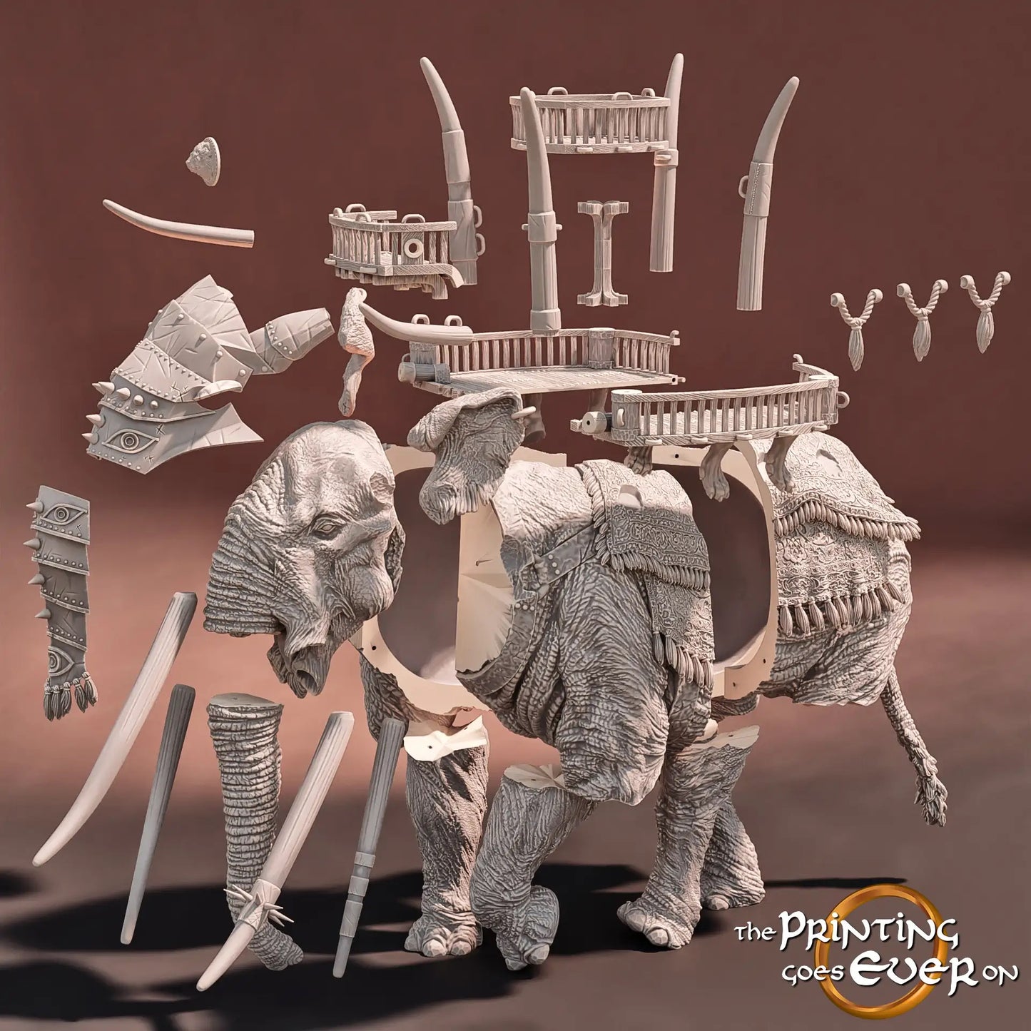 Productfoto Tabletop 28mm The Printing Goes Ever On (TPGEO) 0: Oorlogselefant: Monstrueuze creatuur met Howdah - Nomadenvolk uit de woestijn, krijgers uit het zuiden