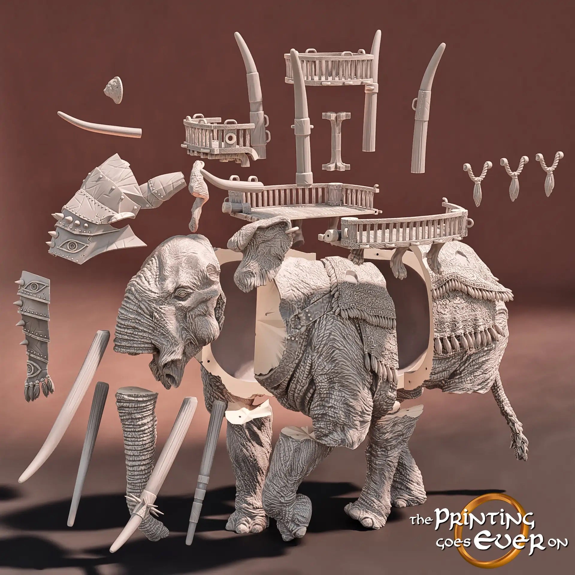 Productfoto Tabletop 28mm The Printing Goes Ever On (TPGEO) 0: Oorlogselefant: Monstrueuze creatuur met Howdah - Nomadenvolk uit de woestijn, krijgers uit het zuiden