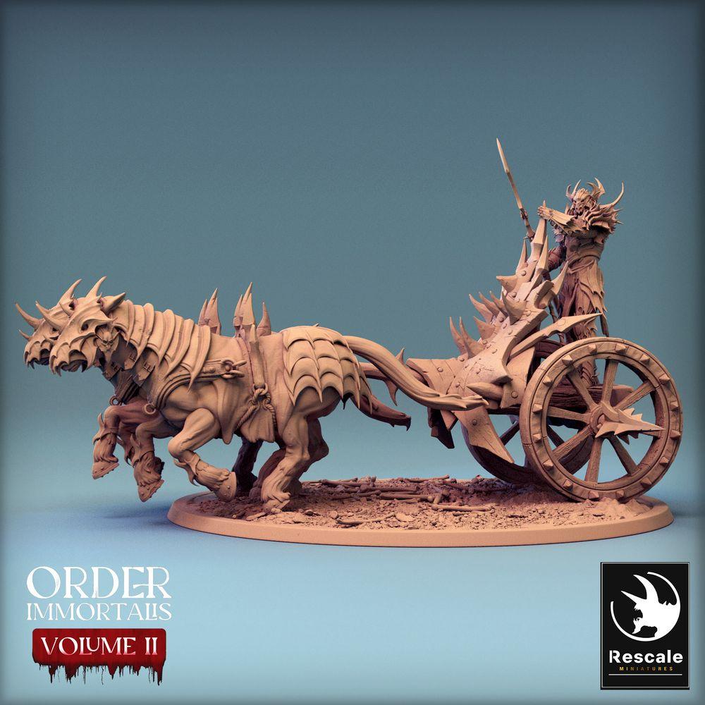 Productfoto Tabletop 28mm Lord of the Print (LotP) 0: Tabletop Miniatuur: Donkere Oorlogheer op Strijdwagen, Demonenkoning en Glevenkrijger, Wargaming Chariot met Trekbeesten (24_02_I)