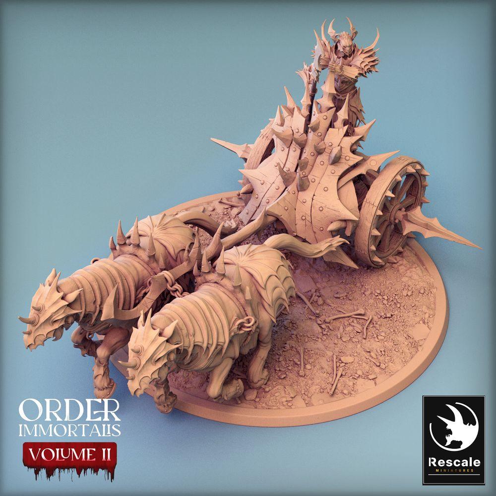 Productfoto Tabletop 28mm Lord of the Print (LotP) 0: Tabletop Miniatuur: Donkere Oorlogheer op Strijdwagen, Demonenkoning en Glevenkrijger, Wargaming Strijdwagen met Trekbeesten (24_02_I)
