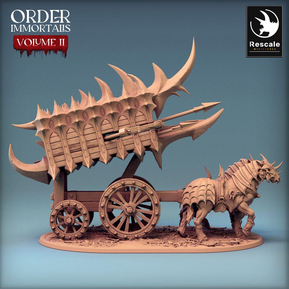 Productfoto Tabletop 28mm Lord of the Print (LotP) 0: Tabletop Miniatuur: Demonische strijdwagen Scorpio Chariot - door beesten getrokken oorlogswagen met harpoen-ballist, stekelwagen (24_02_B2)