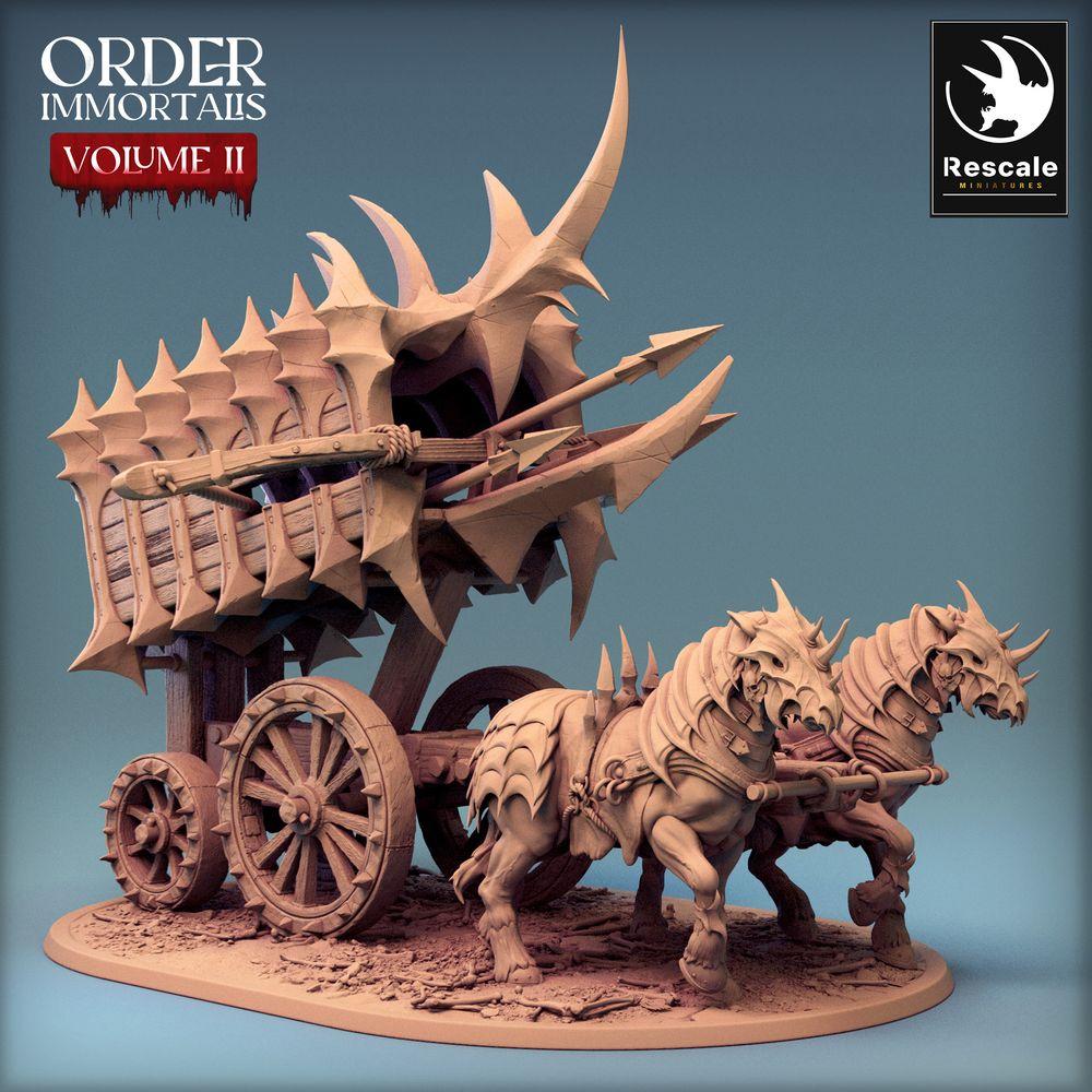 Productfoto Tabletop 28mm Lord of the Print (LotP) 0: Tabletop Miniatuur: Demonische Strijdwagen Scorpio Chariot - beestgetrokken oorlogswagen met harpoen-ballistak, stekelwagen (24_02_B2)