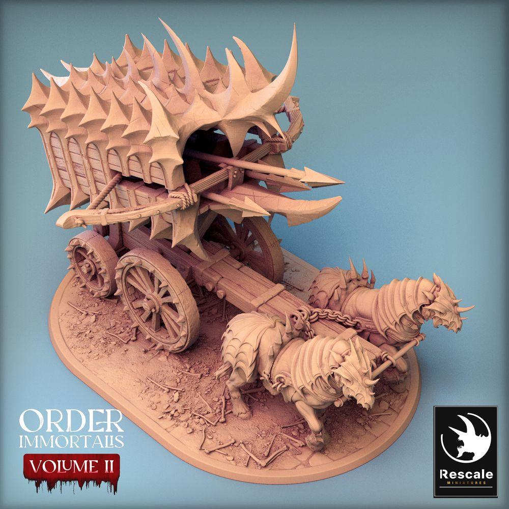 Productfoto Tabletop 28mm Lord of the Print (LotP) 0: Tabletop Miniatuur: Demonische Strijdwagen Scorpio Chariot - beestgetrokken oorlogswagen met harpoen-ballistak, stekelwagen (24_02_B2)