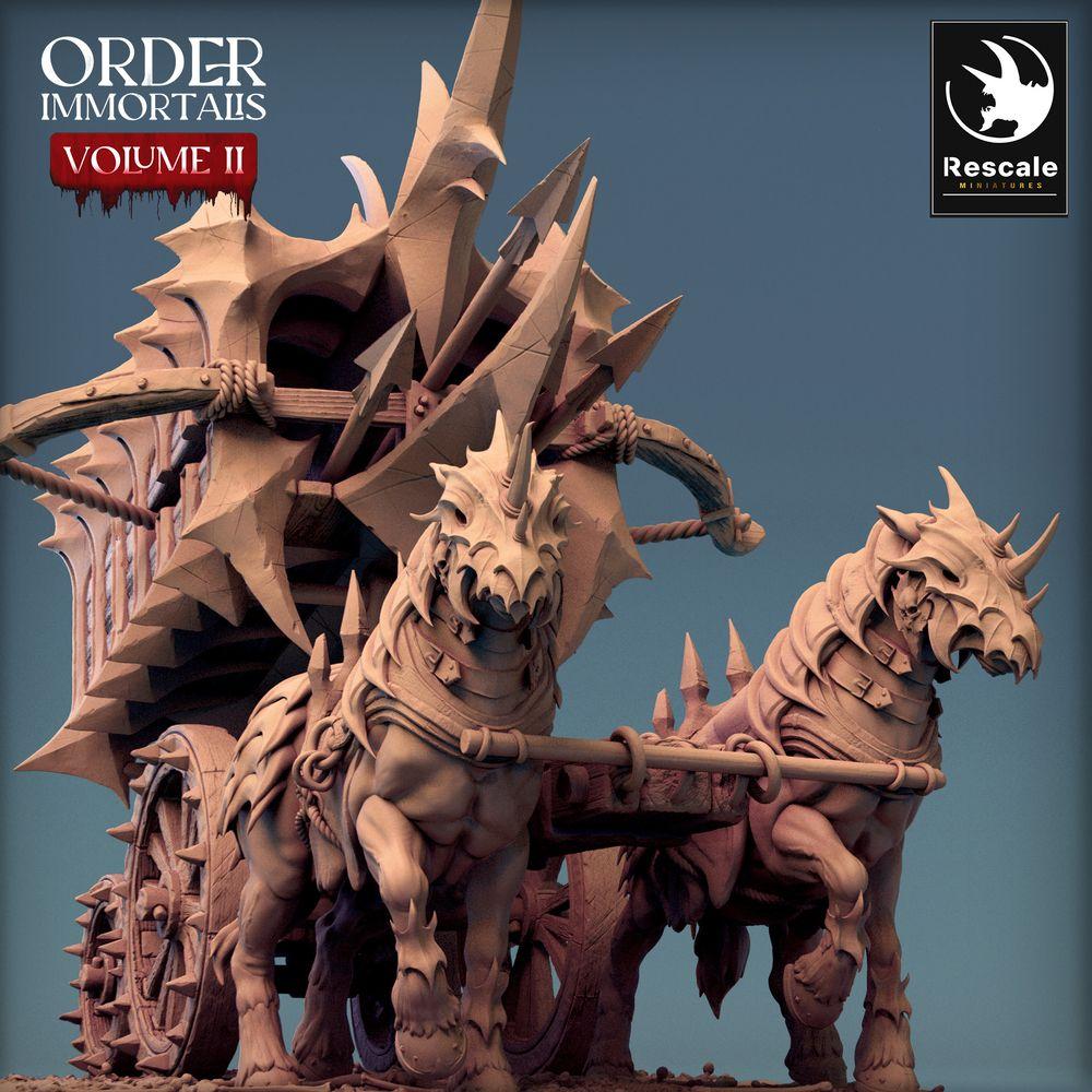 Productfoto Tabletop 28mm Lord of the Print (LotP) 0: Tabletop Miniatuur: Demonische Strijdwagen Scorpio Chariot - beestgetrokken oorlogswagen met harpoen-ballistak, stekelwagen (24_02_B2)