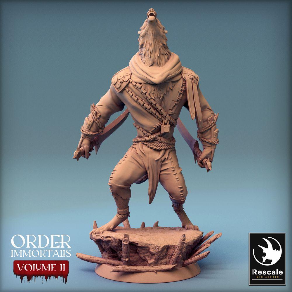 Productfoto Tabletop 28mm Lord of the Print (LotP) 0: Tabletop Miniatuur: Weerwolf Krijger - huilende Lykanthroop, Barbaar en Duelant met twee gebogen messen (Weerwolf Huil) (24_02_C4)