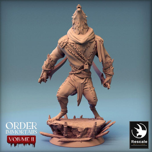 Productfoto Tabletop 28mm Lord of the Print (LotP) 0: Tabletop Miniatuur: Weerwolf Krijger - huilende Lykanthroop, Barbaar en Duelant met twee gebogen messen (Weerwolf Huil) (24_02_C4)