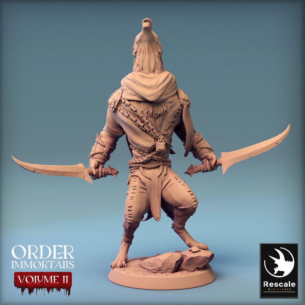 Productfoto Tabletop 28mm Lord of the Print (LotP) 0: Tabletop Miniatuur: Schakal-Krijger, Woestijn-Assassijn met twee Krummsäbeln, Beestenmens-Duelant, Tempelwachter (24_02_C8)