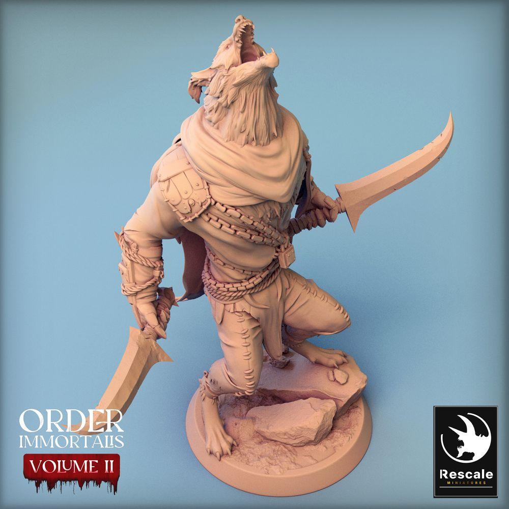 Productfoto Tabletop 28mm Lord of the Print (LotP) 0: Tabletop Miniatuur: Jackal-Krijger, Woestijn-Assassijn met twee Krummsäbels, Beestmens Duelant, Tempelwachter (24_02_C8)