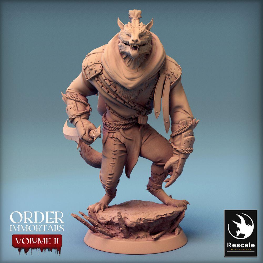 Productfoto Tabletop 28mm Lord of the Print (LotP) 0: Tabletop Miniatuur: Weerwolf-Barbaar met Krummsäbel / Weerwolf Barbaar, Gnoll-Hoofdman, Beestenstrijder (24_02_C9)