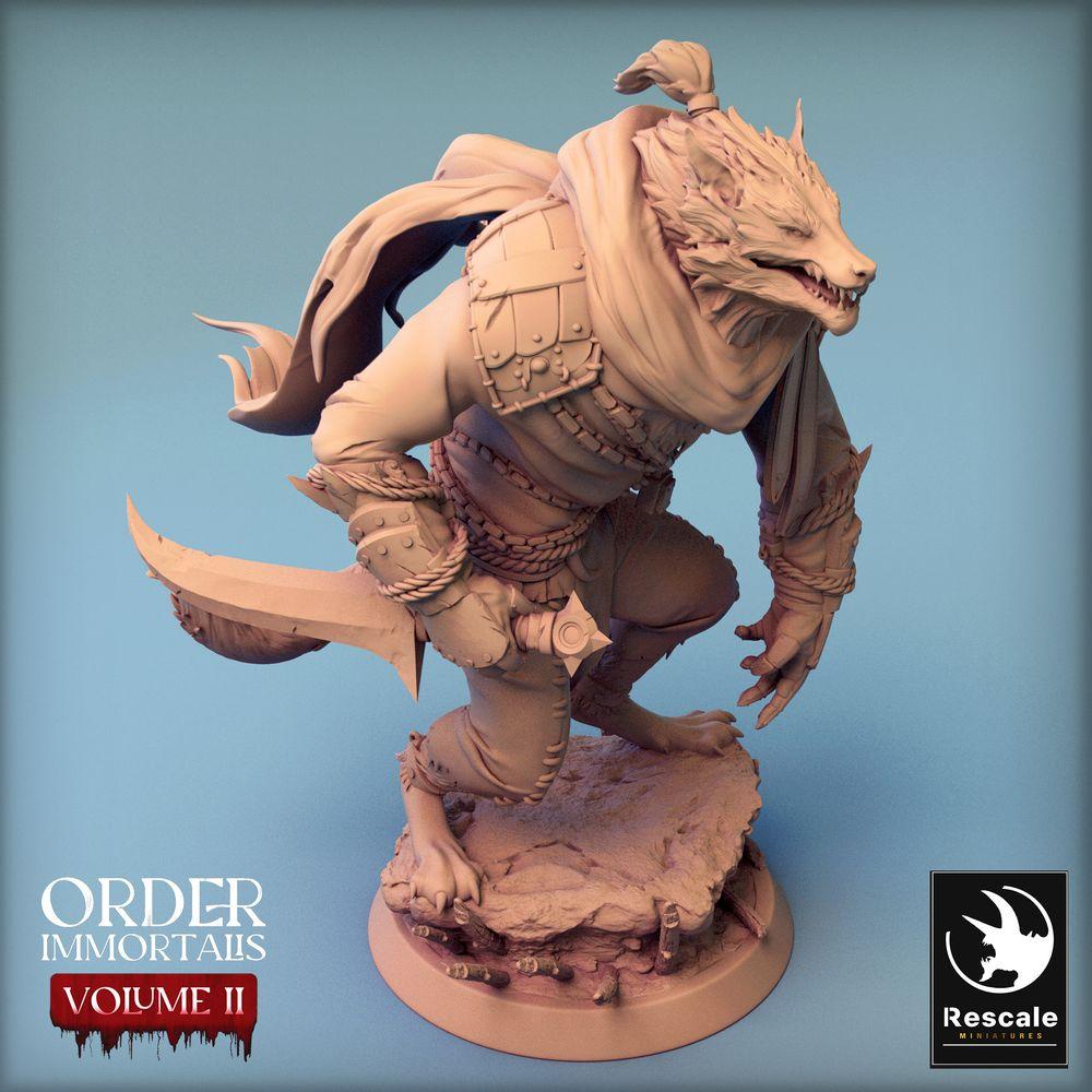 Productfoto Tabletop 28mm Lord of the Print (LotP) 0: Tabletop Miniatuur: Weerwolf-Barbaar met Krummsäbel / Weerwolf Barbaar, Gnoll-Leider, Beestenstrijder (24_02_C9)