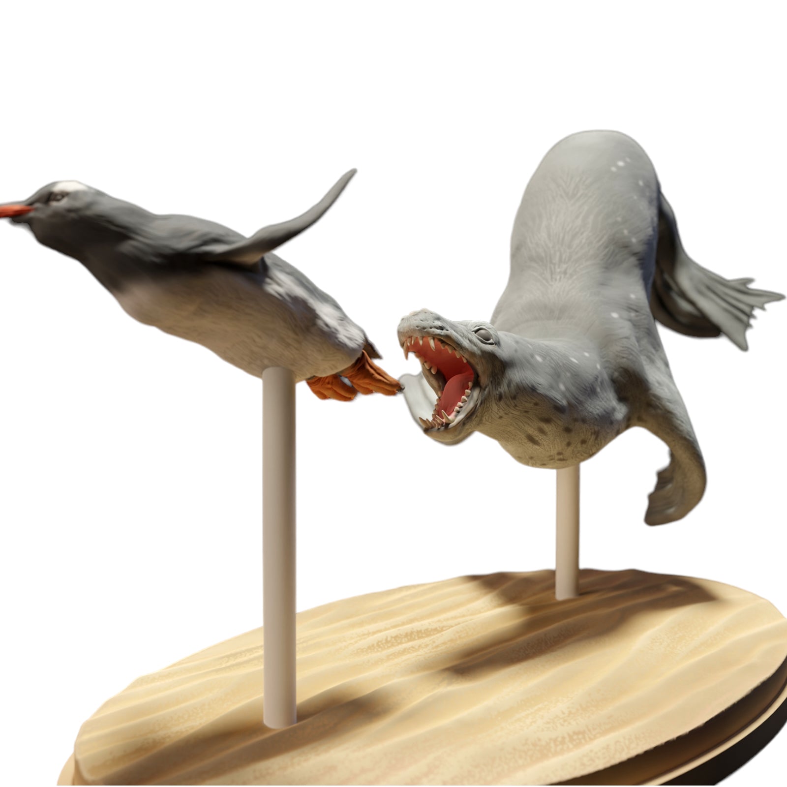 Productfoto diorama en modelbouw miniatuurfiguur: zeehond jaagt op pinguïn, dierenfiguur