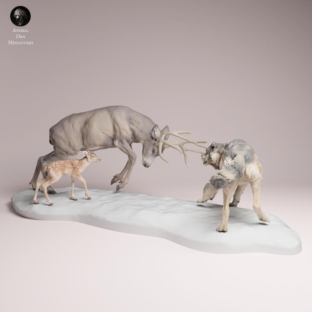 Produktfoto Tabletop 28mm Lord of the Print (LotP) 3: Wildtier Tierfigur: Maultierhirsch gegen Grauwolf - Konfrontation (26_01_06)