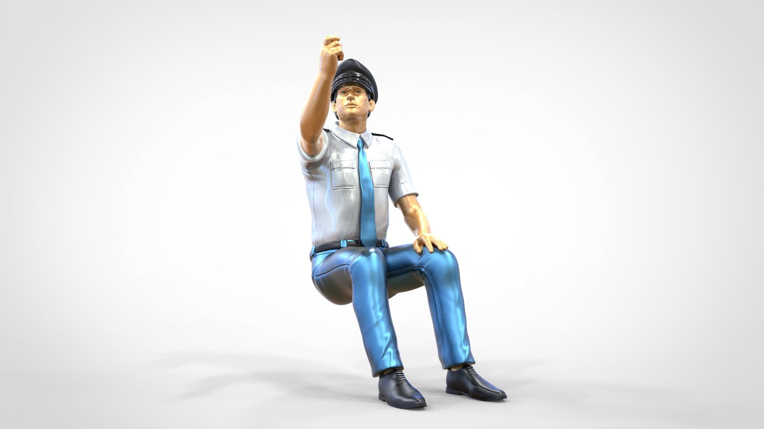 Productfoto 0: Zittende piloot in uniform: Vliegtuigpersoneel - bedient schakelaar