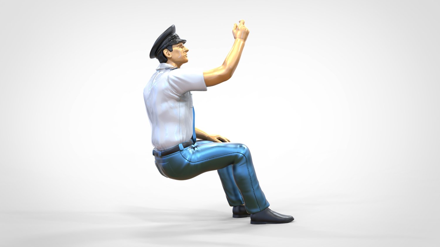 Productfoto 0: Zittende piloot in uniform: Vliegtuigpersoneel - bedient schakelaar
