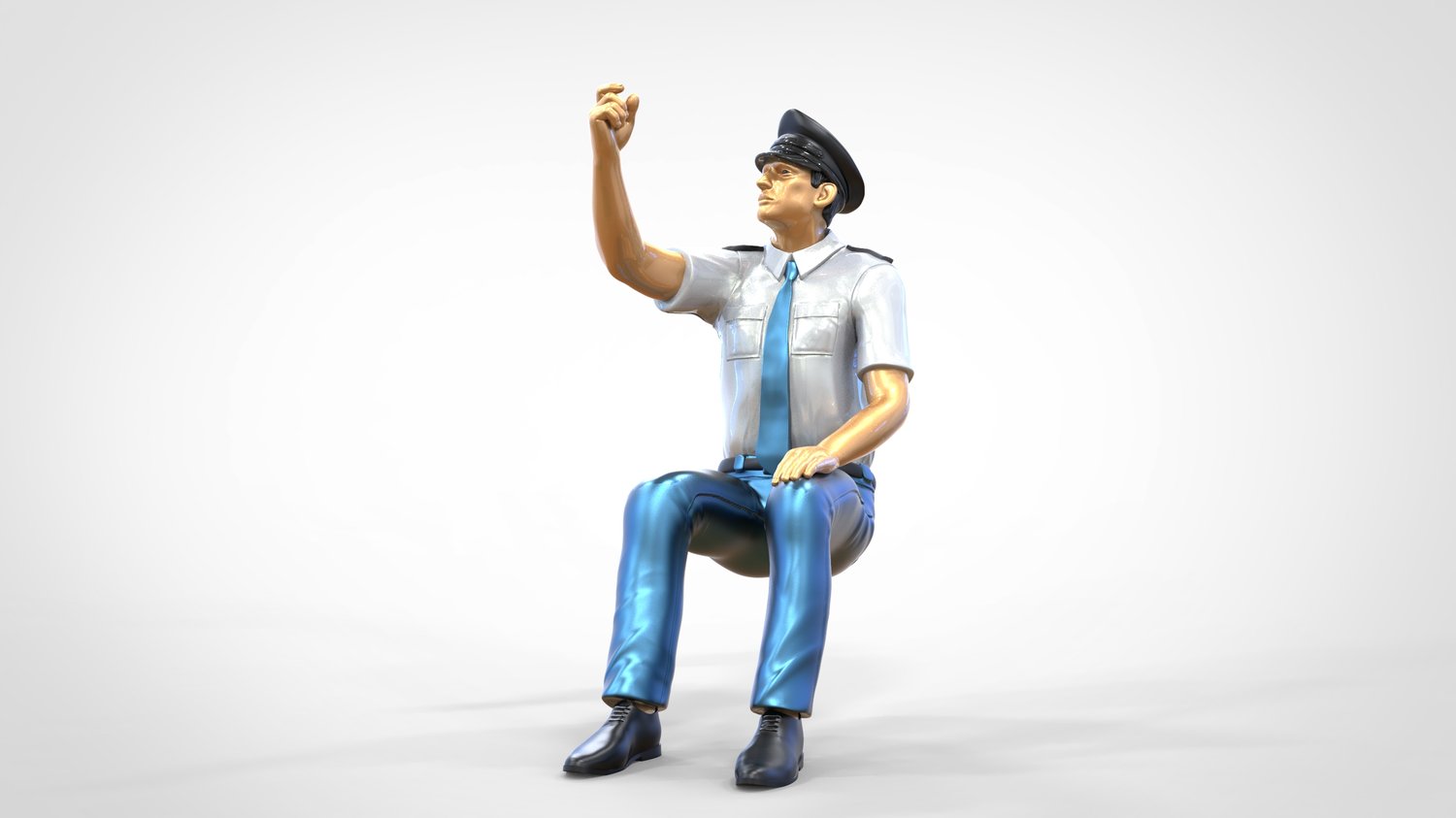 Productfoto 0: Zittende piloot in uniform: Vliegtuigpersoneel - bedient schakelaar