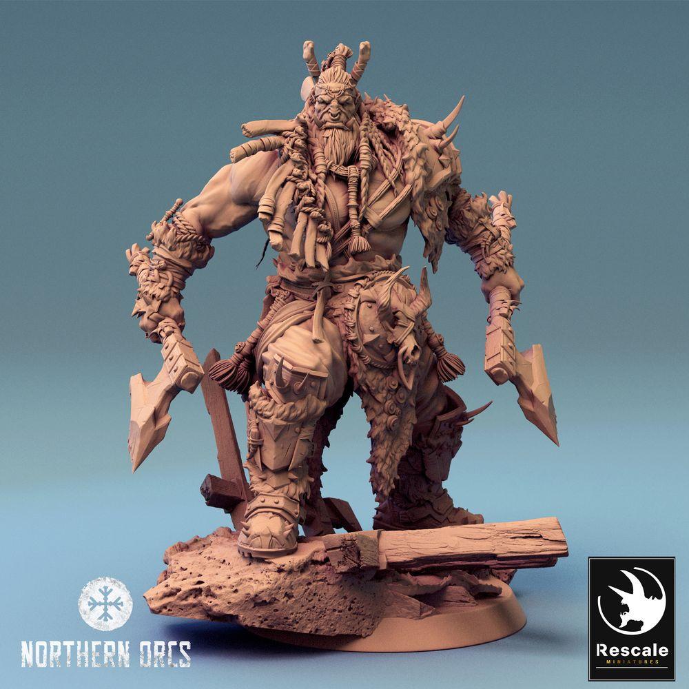 Productfoto Tabletop 28mm Lord of the Print (LotP) 0: Tabletop Miniatuur: Ork Berserker, Ork Oorlogshoofd, Axtvechter met twee bijlen (24_04_E1)