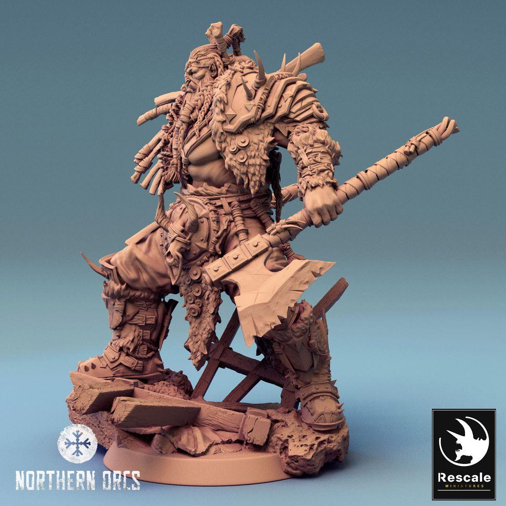 Productfoto Tabletop 28mm Lord of the Print (LotP) 0: Tabletop Miniatuur: Ork Berserker, Ork Oorlogsleider, Strijder met twee bijlen (24_04_E1)