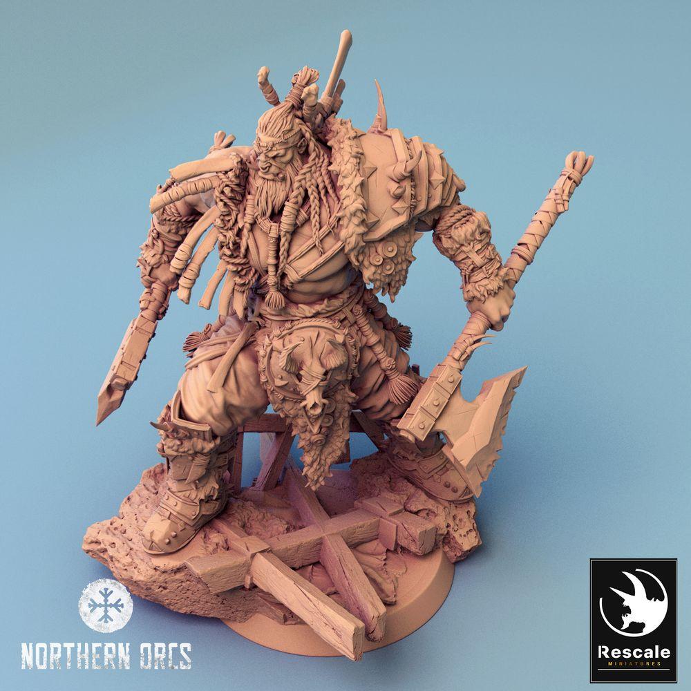 Productfoto Tabletop 28mm Lord of the Print (LotP) 0: Tabletop Miniatuur: Ork Berserker, Ork Oorlogshoofd, Axtvechter met twee bijlen (24_04_E1)
