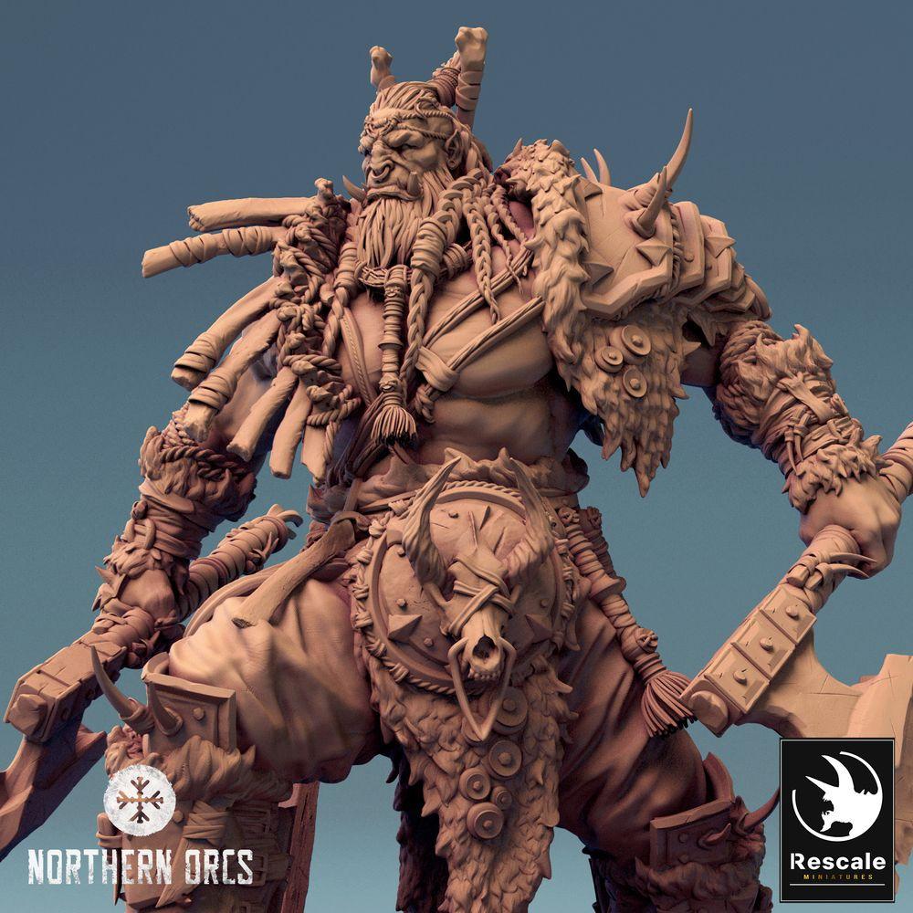 Productfoto Tabletop 28mm Lord of the Print (LotP) 0: Tabletop Miniatuur: Ork Berserker, Ork Oorlogsleider, Axtvechter met twee bijlen (24_04_E1)