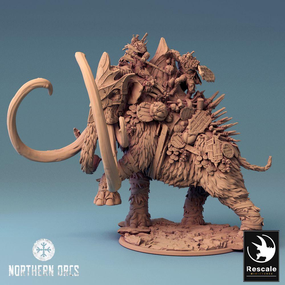 Productfoto Tabletop 28mm Lord of the Print (LotP) 0: Tabletop Miniatuur: Oorlogsmammut, Frost-Mammut met Howdah en Beestenrijders, Oorlogsmammut Belegeringsbeest (24_04_X)