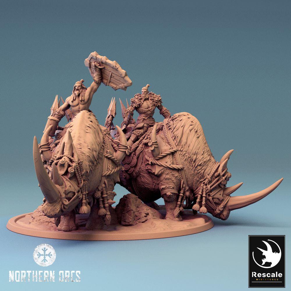 Productfoto Tabletop 28mm Lord of the Print (LotP) 0: Tabletop Miniatuur: Ork Oorlogsheer op Neushoorn-Oorlogsbestie, Beestrijder-Duo, Monsterkavallerie (24_04_D3)