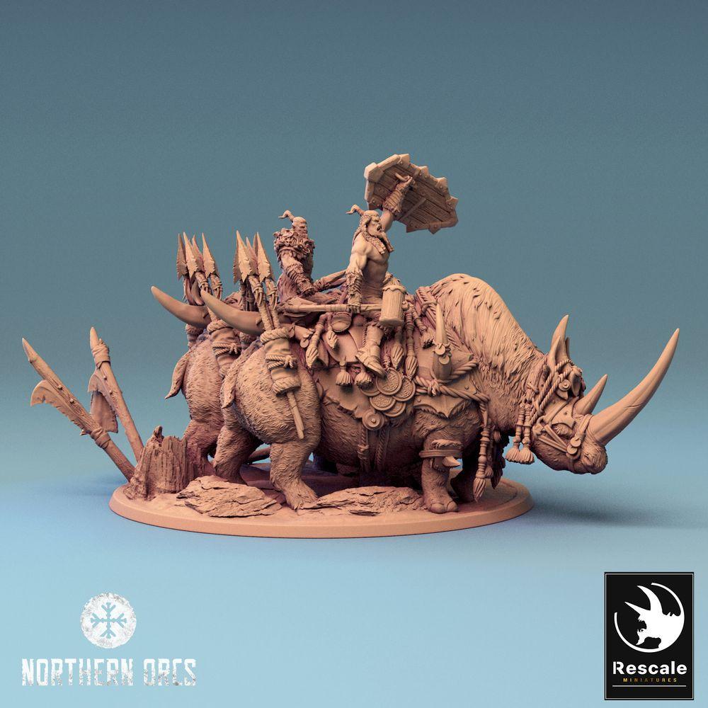 Productfoto Tabletop 28mm Lord of the Print (LotP) 0: Tabletop Miniatuur: Ork Oorlogsheer op Neushoorn-Oorlogsbest, Beestrijder-Paar, Monsterkavallerie (24_04_D3)