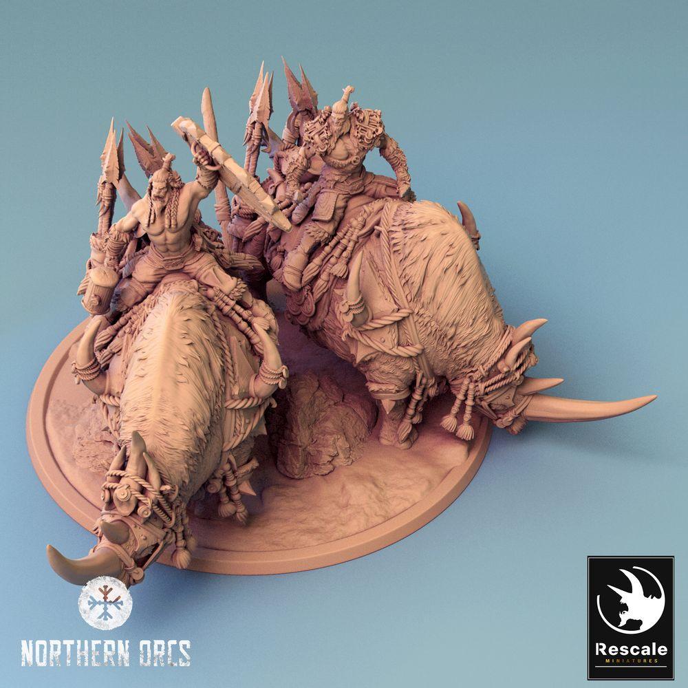 Productfoto Tabletop 28mm Lord of the Print (LotP) 0: Tabletop Miniatuur: Ork Oorlogsheer op Neushoorn-Oorlogsbeest, Beestrijder-Paar, Monsterkavallerie (24_04_D3)